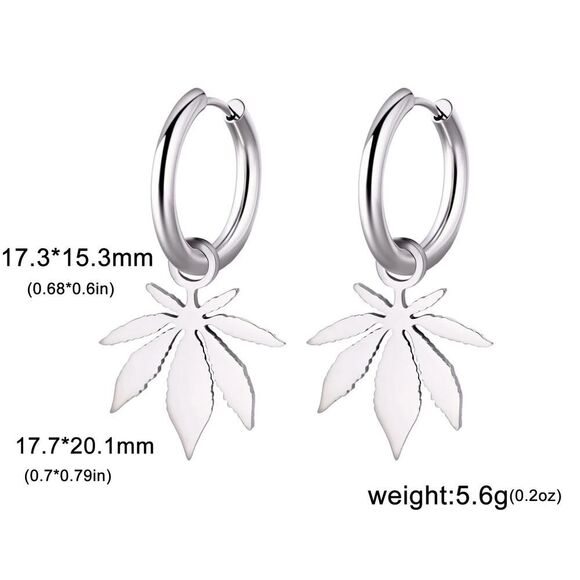 Silver Weed Leaf Hoop Earrings Hypoallergenic‎ Stainless Steel Marijuana - Picture 5 of 5